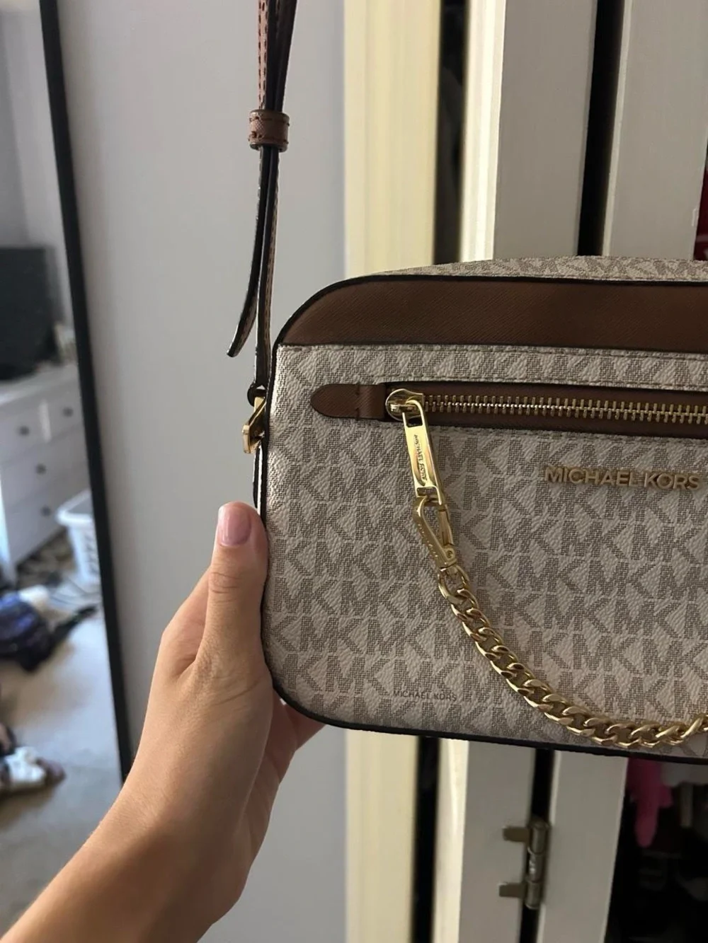 Michael Kors Beige and Brown Signature Crossbody with Gold Chain